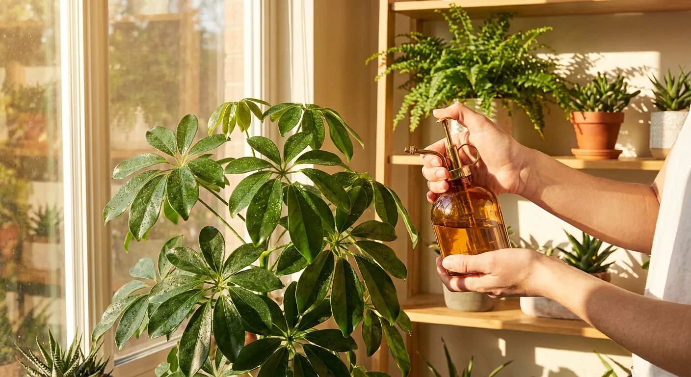 Misting a Schefflera plant with water as it wakes up from its dormant period.