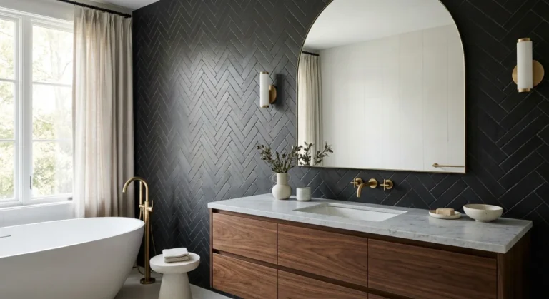 Modern bathroom featuring bold charcoal geometric tiles and matte white walls.