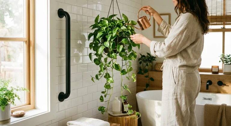 Modern bathroom with plants and a stylish black grab bar for safety.