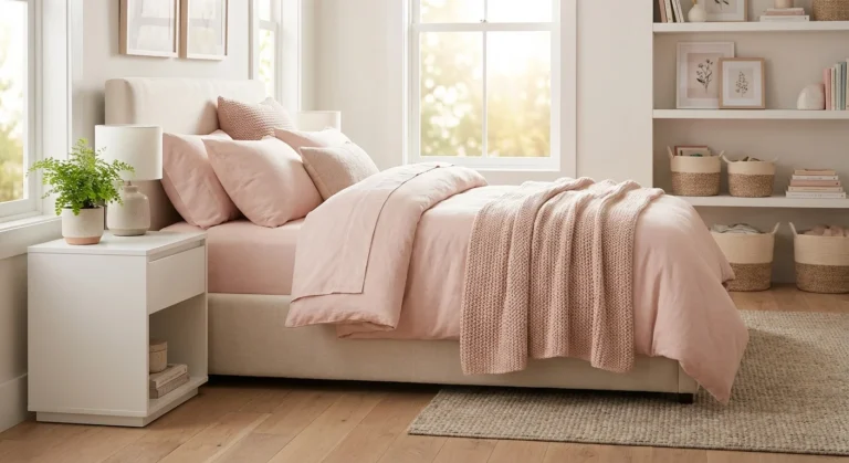 Modern girl's bedroom makeover featuring blush pink bedding and light wood furniture in a sunlit room.