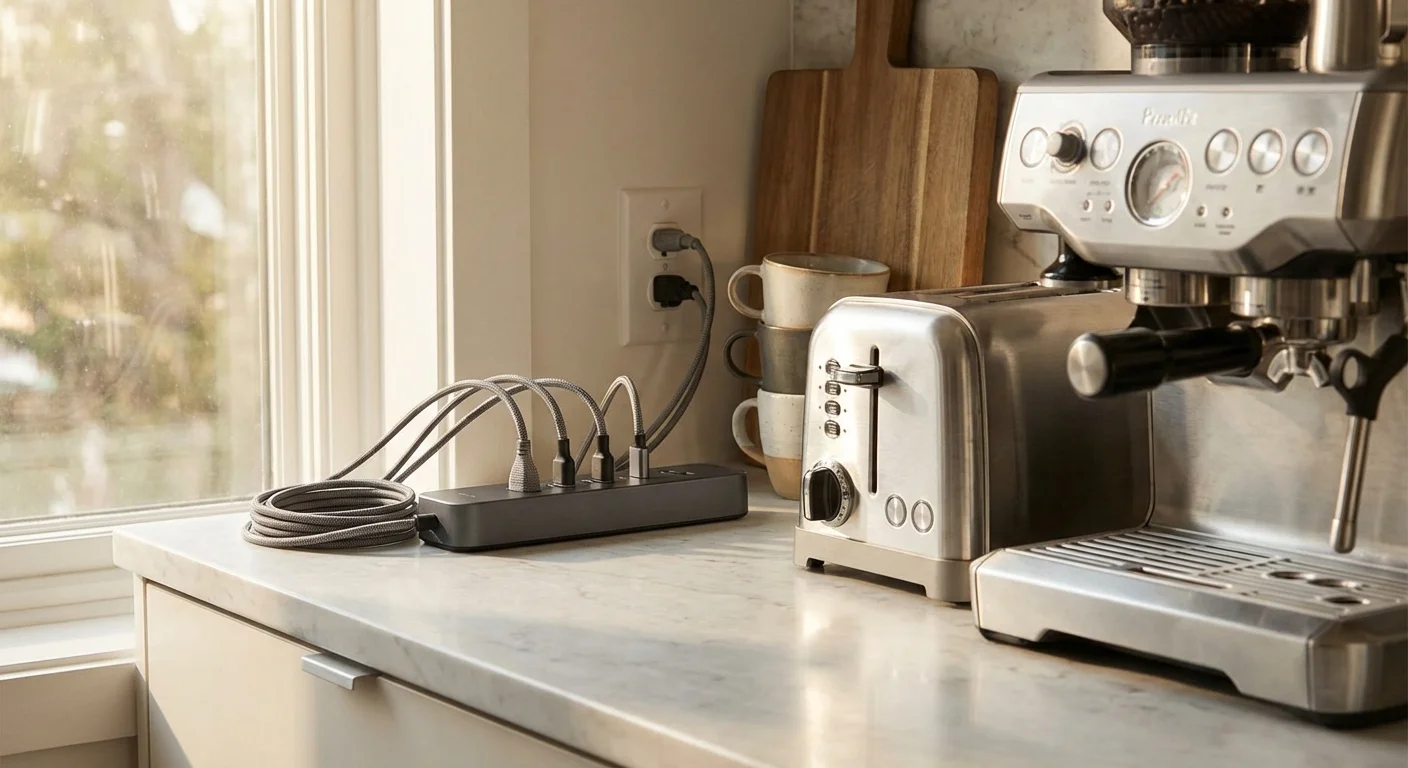 Modern kitchen counter with appliances and electrical outlets, emphasizing home safety and organization.