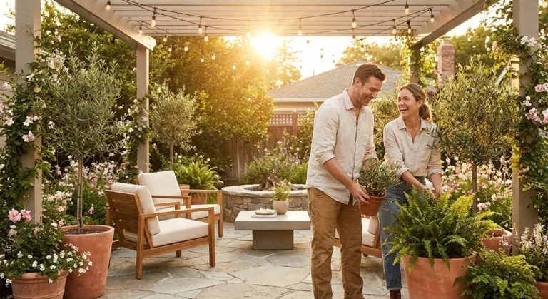 Modern outdoor patio makeover with wooden furniture and lush plants.