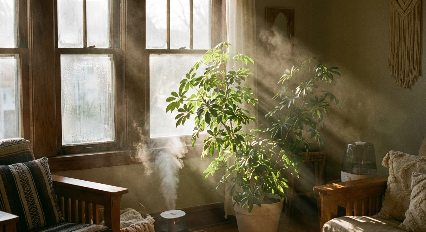 Morning sun shining through mist onto a tropical Umbrella Plant.