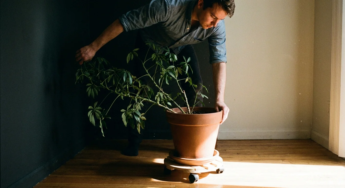 Moving an Umbrella Plant from a dark area to a brighter spot near a window.