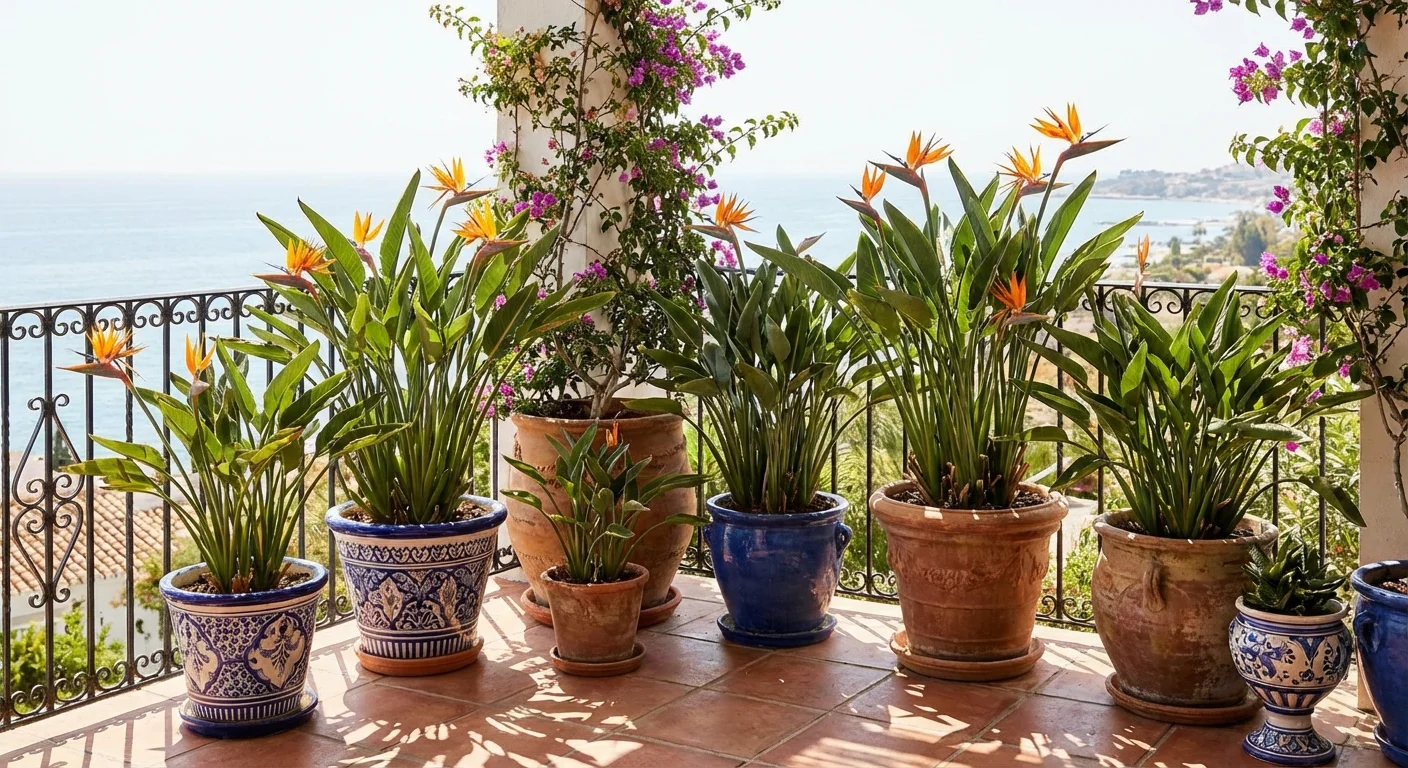 Multiple Bird of Paradise plants growing healthily in various decorative pots.