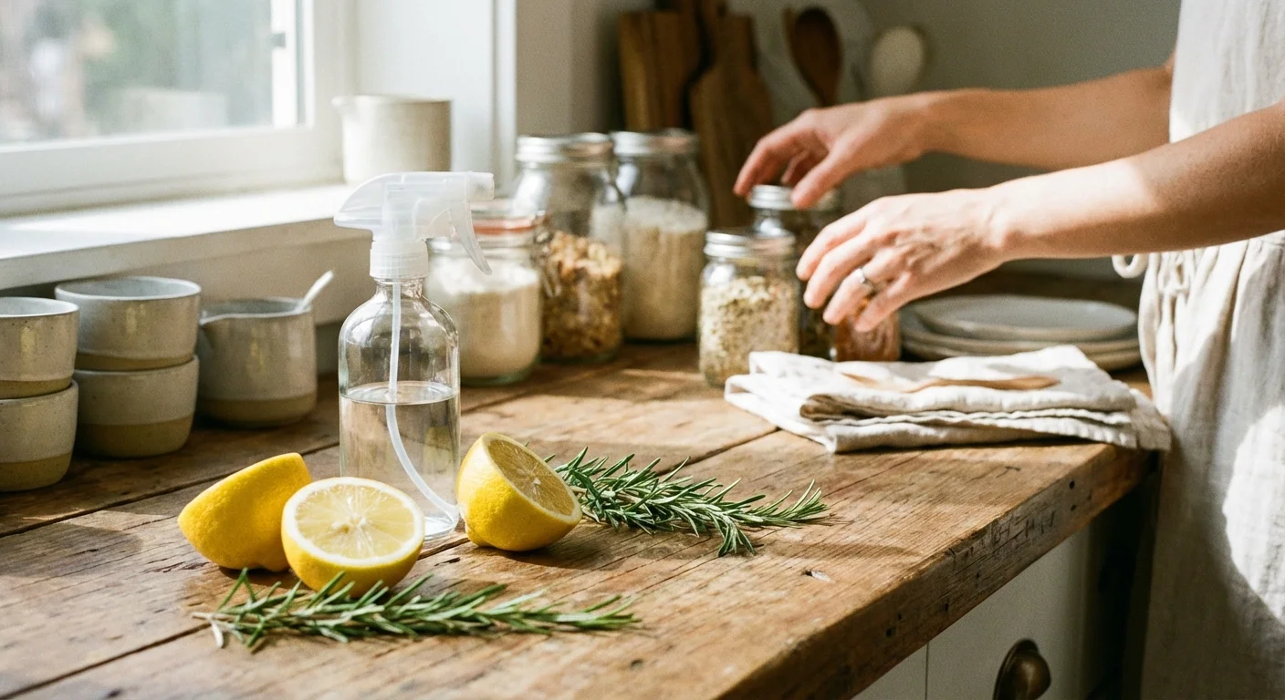 Natural cleaning ingredients like lemons and rosemary arranged on a wooden countertop.