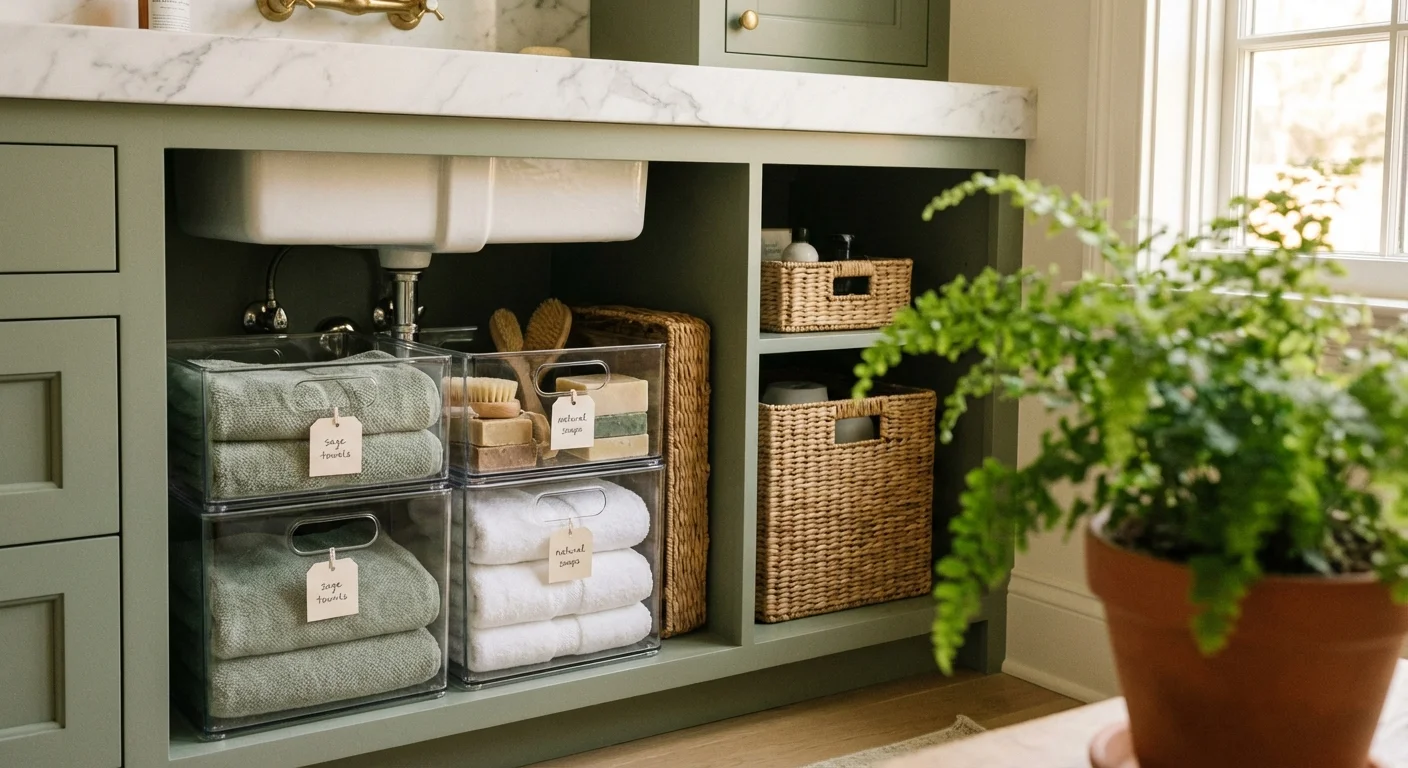 Neatly arranged clear bins and wicker baskets inside a bright cabinet, promoting safe storage.