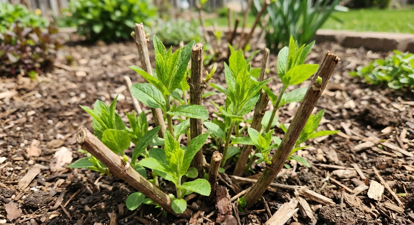 New green shoots growing from a Bee Balm plant after being pruned.