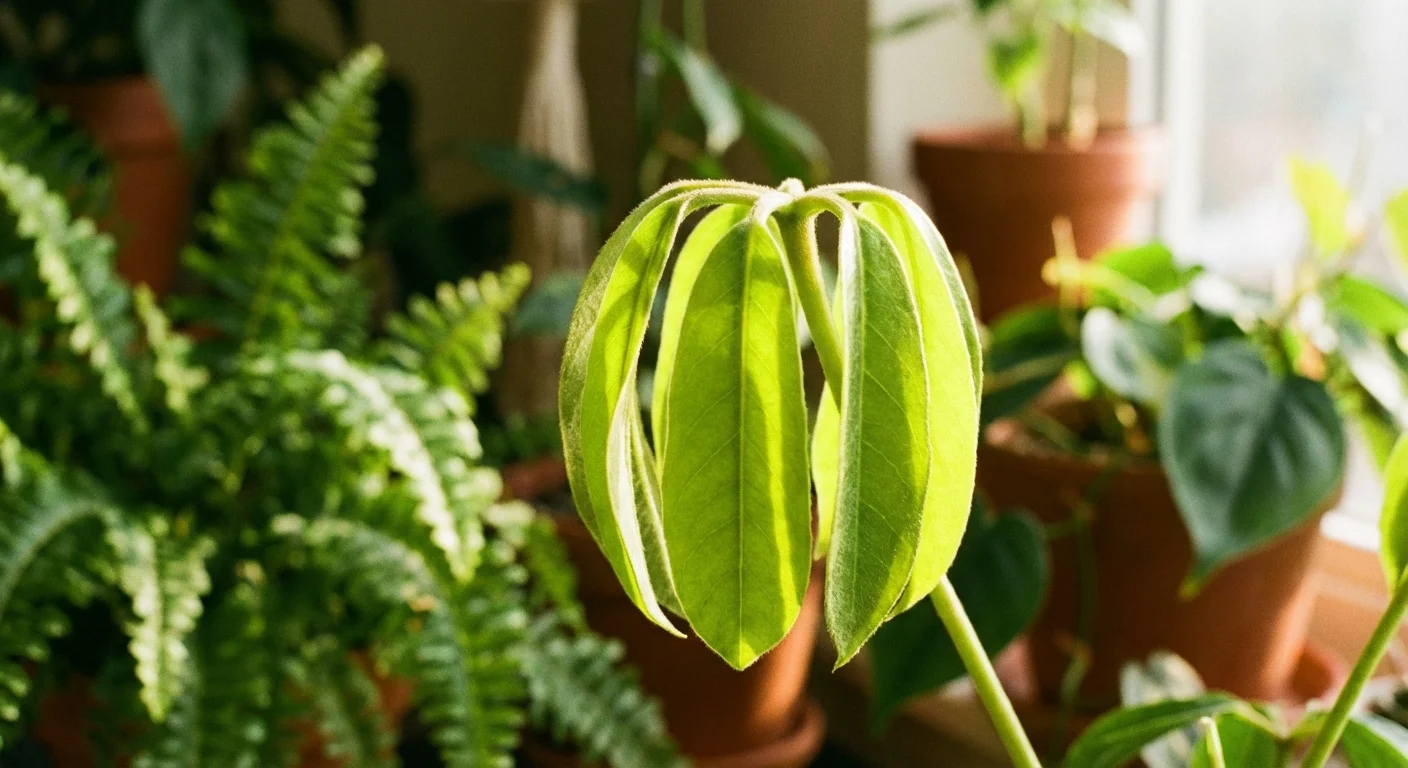 New growth unfurling on a healthy Schefflera plant.