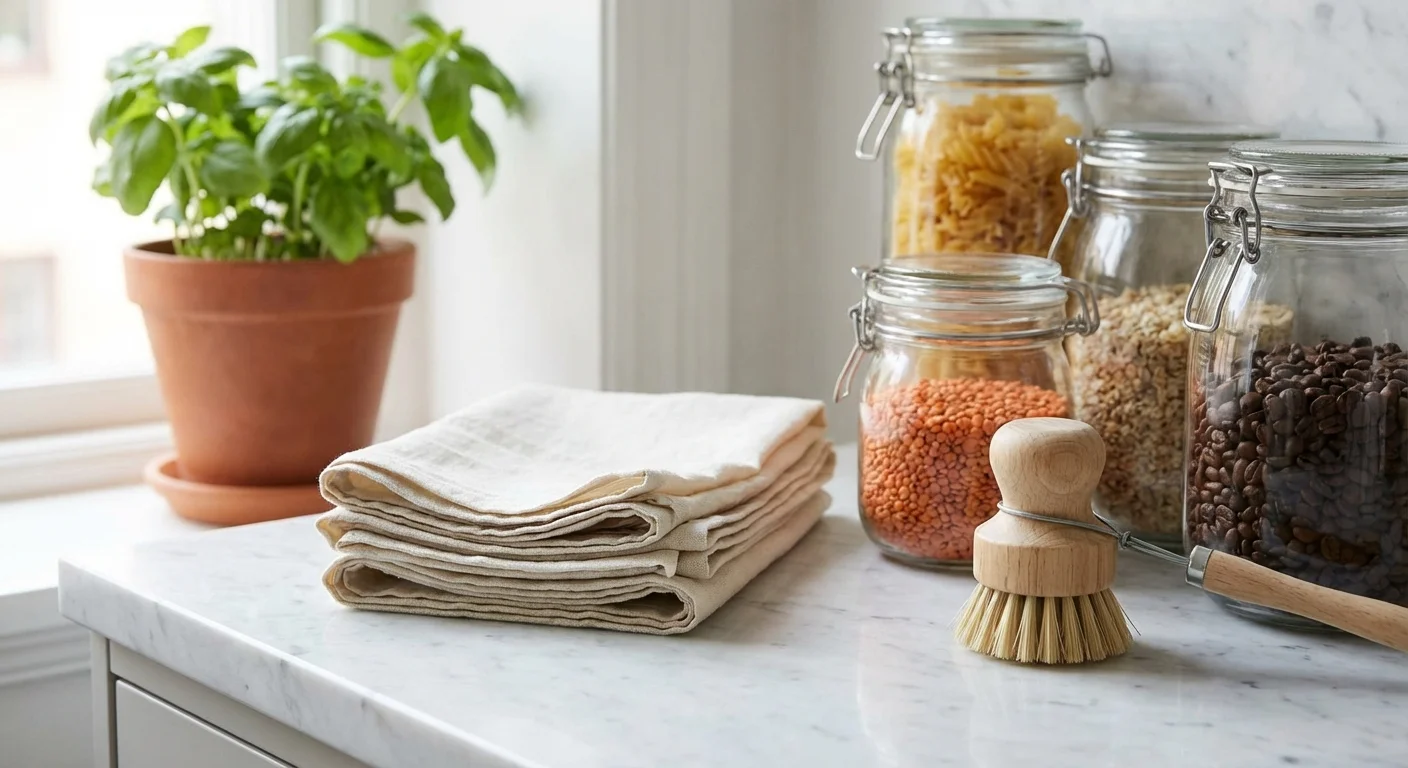 New kitchen essentials like linen towels and glass jars on a clean countertop.