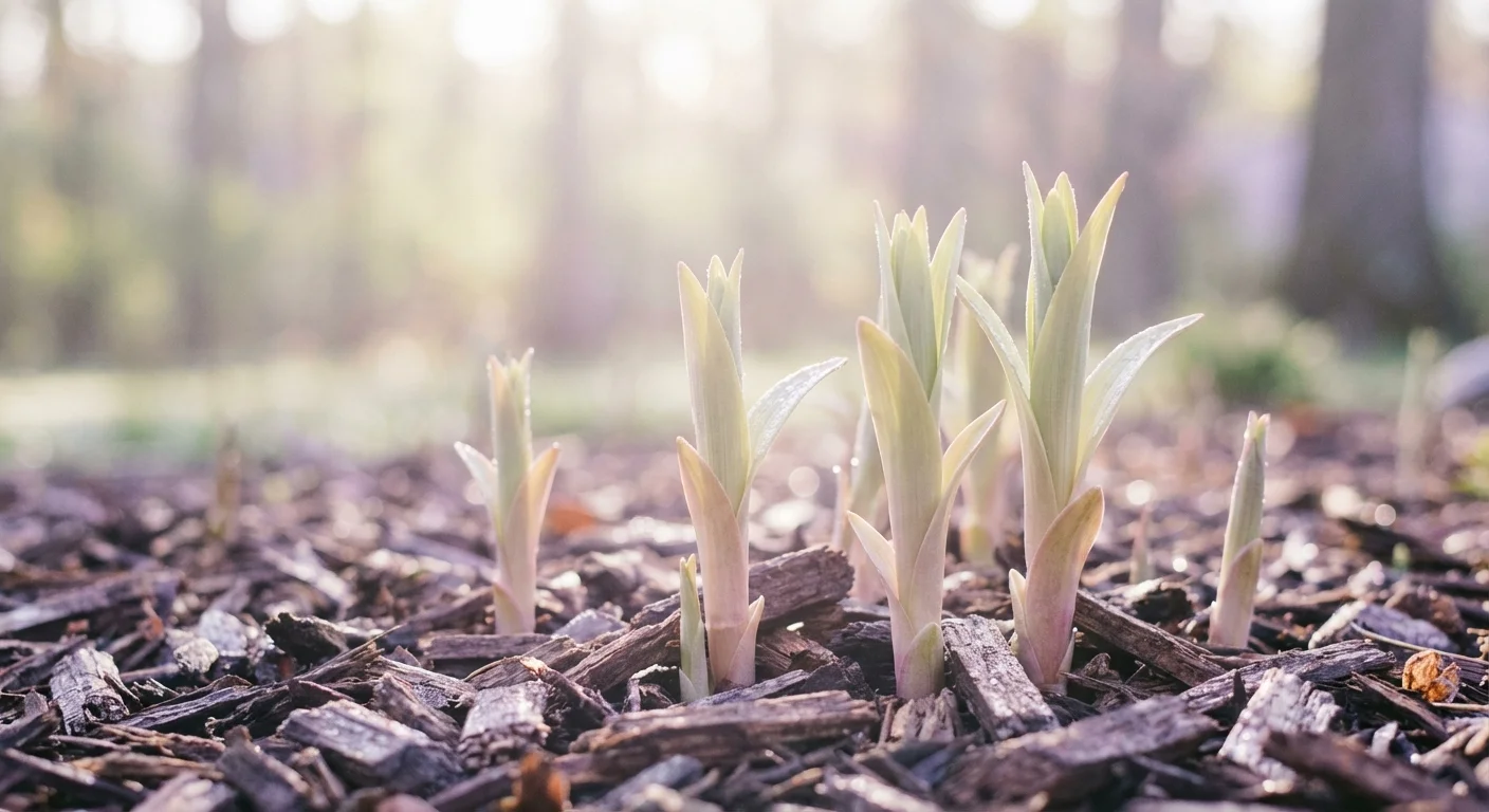 New lily growth emerging from the ground in early spring.