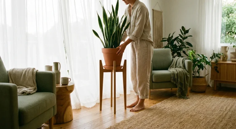 O cameră de zi luminoasă cu plante verzi și perdele vaporoase, ilustrând un design interior modern și fresh.