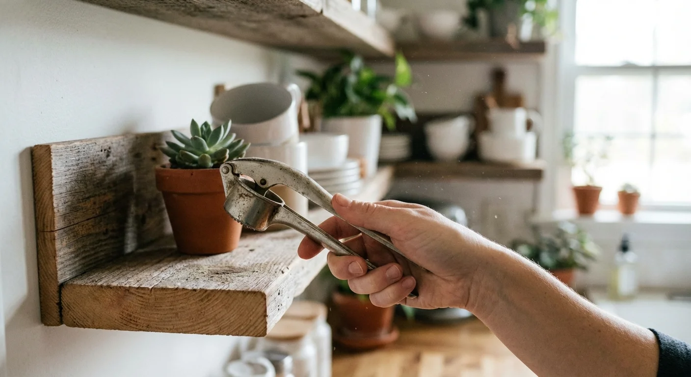 O mână care curăță un raft de obiecte inutile, lăsând loc unei plante mici decorative.
