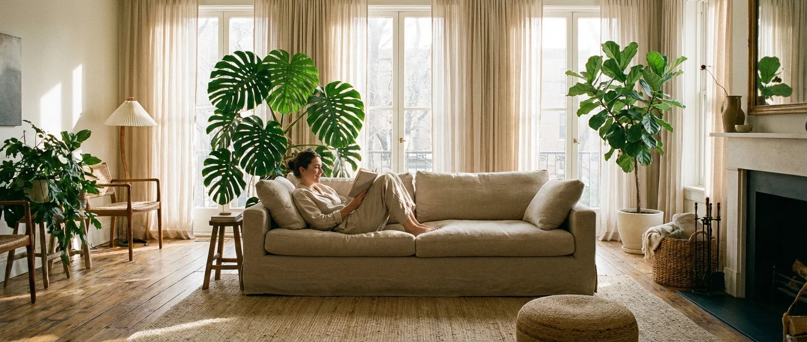 O persoană care se relaxează într-o sufragerie modernă, plină de plante și lumină naturală.