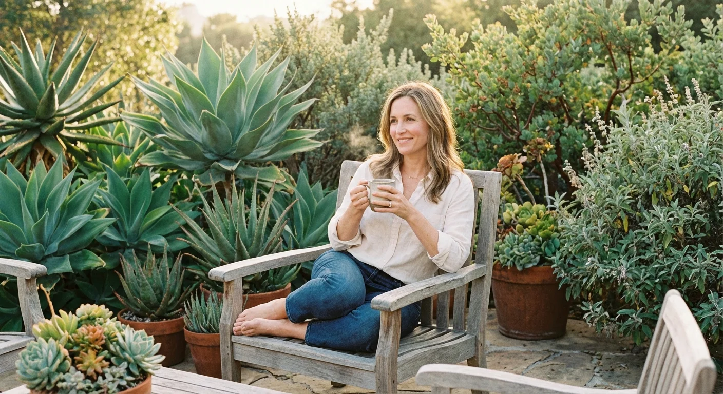 O persoană relaxându-se pe o terasă înconjurată de plante verzi rezistente.
