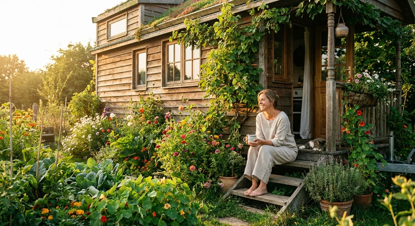 O persoană relaxându-se pe treptele unei case mici, înconjurată de plante verzi.