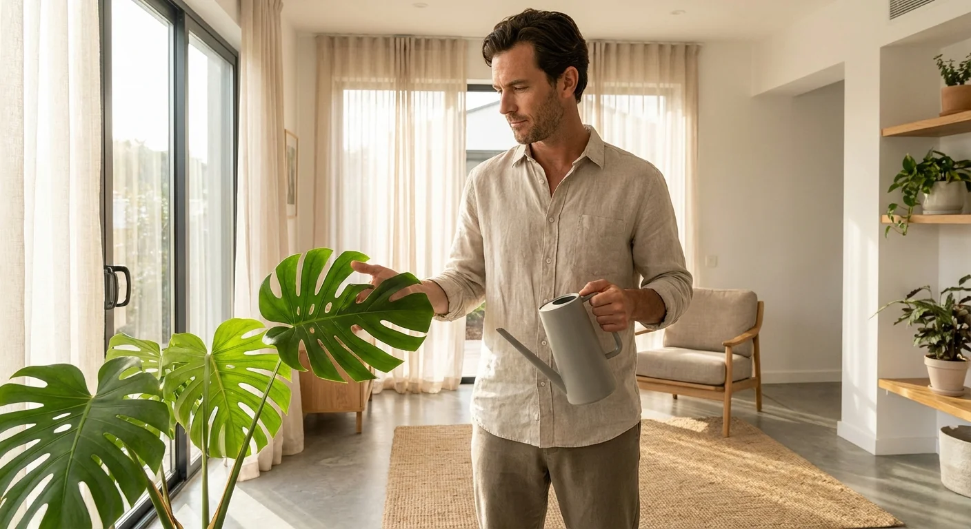 O persoană verificând sănătatea frunzelor unei plante de apartament într-un decor modern.