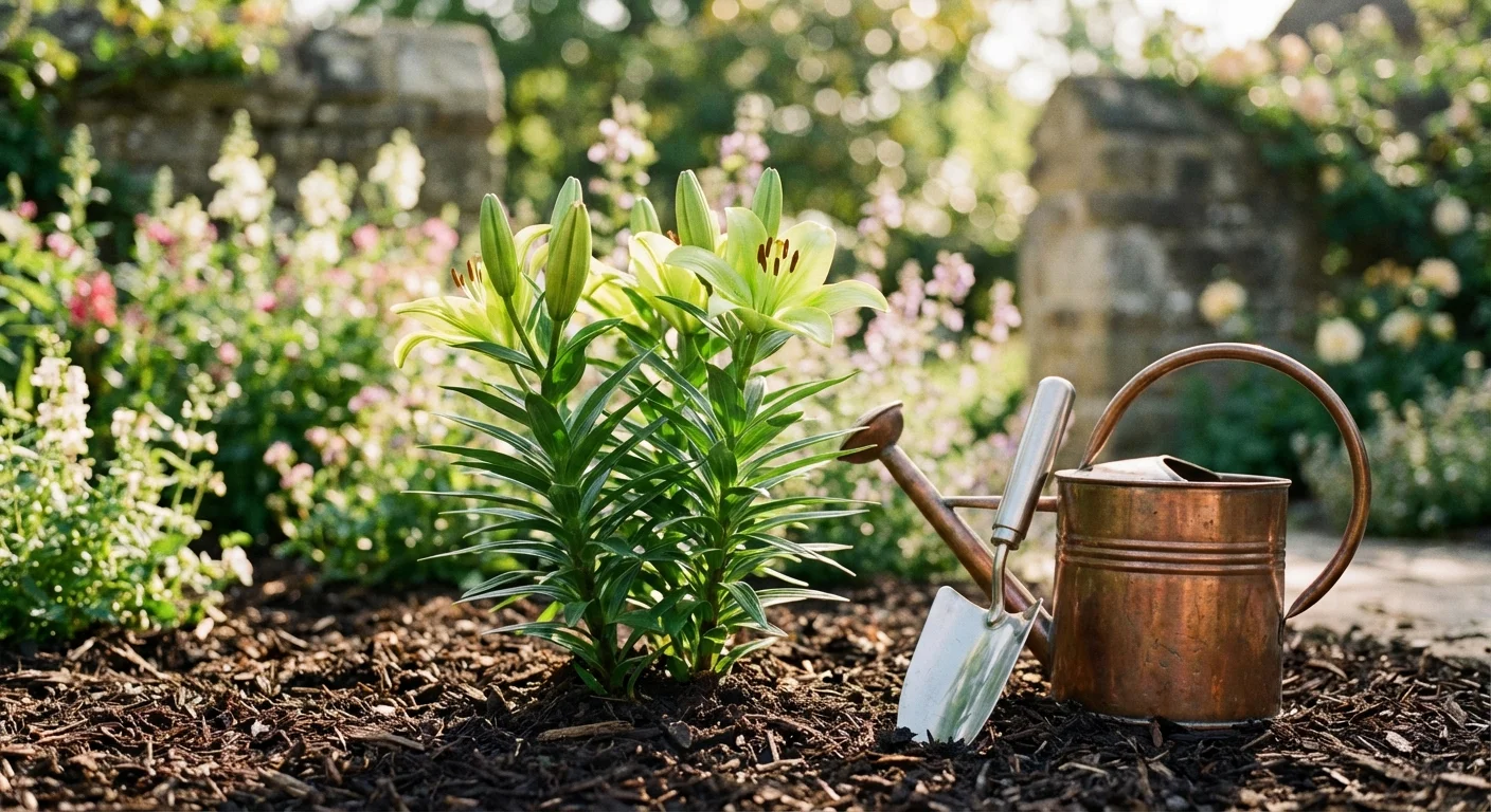 O plantă de crin proaspăt transplantată într-o grădină însorită lângă o lopățică de mână și o stropitoare.
