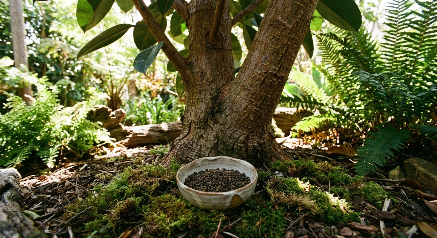 Organic fertilizer granules in a small bowl next to the trunk of a rubber plant.