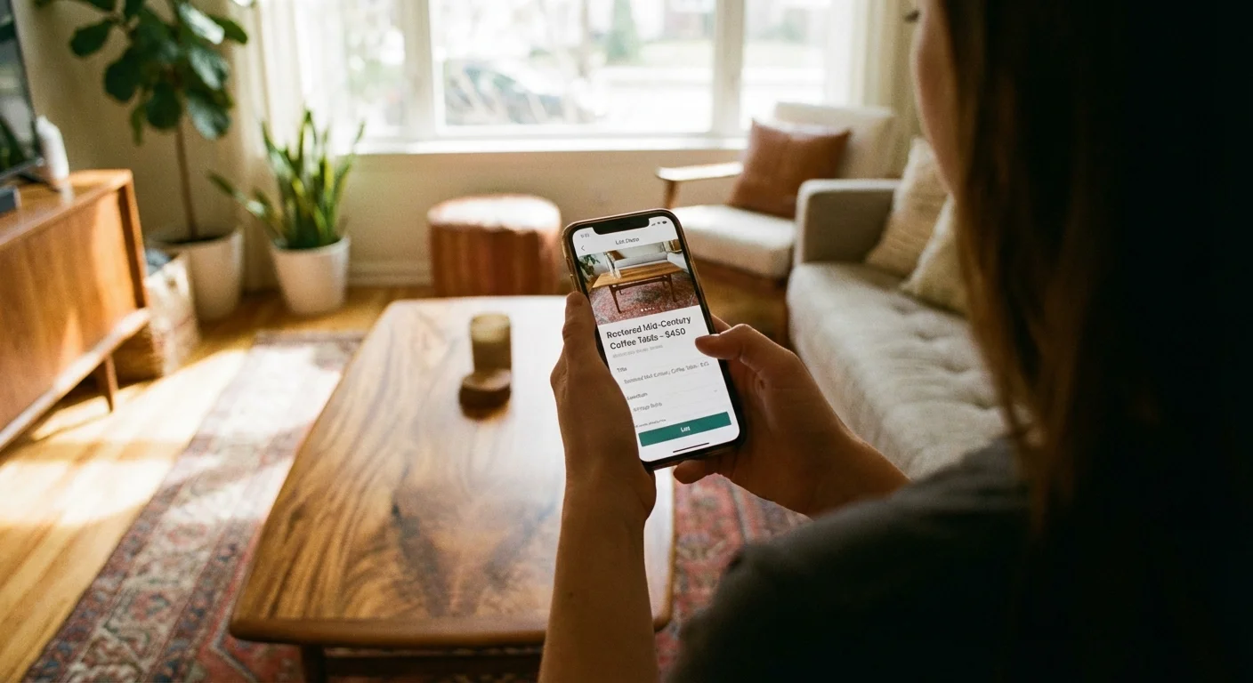 Persoană care folosește telefonul pentru a vinde online o măsuță de cafea din lemn restaurată.