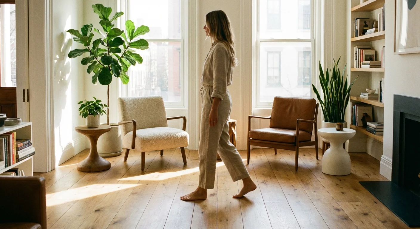 Persoană care se deplasează ușor într-o cameră de zi organizată, cu mobilier stabil și căi de acces libere.