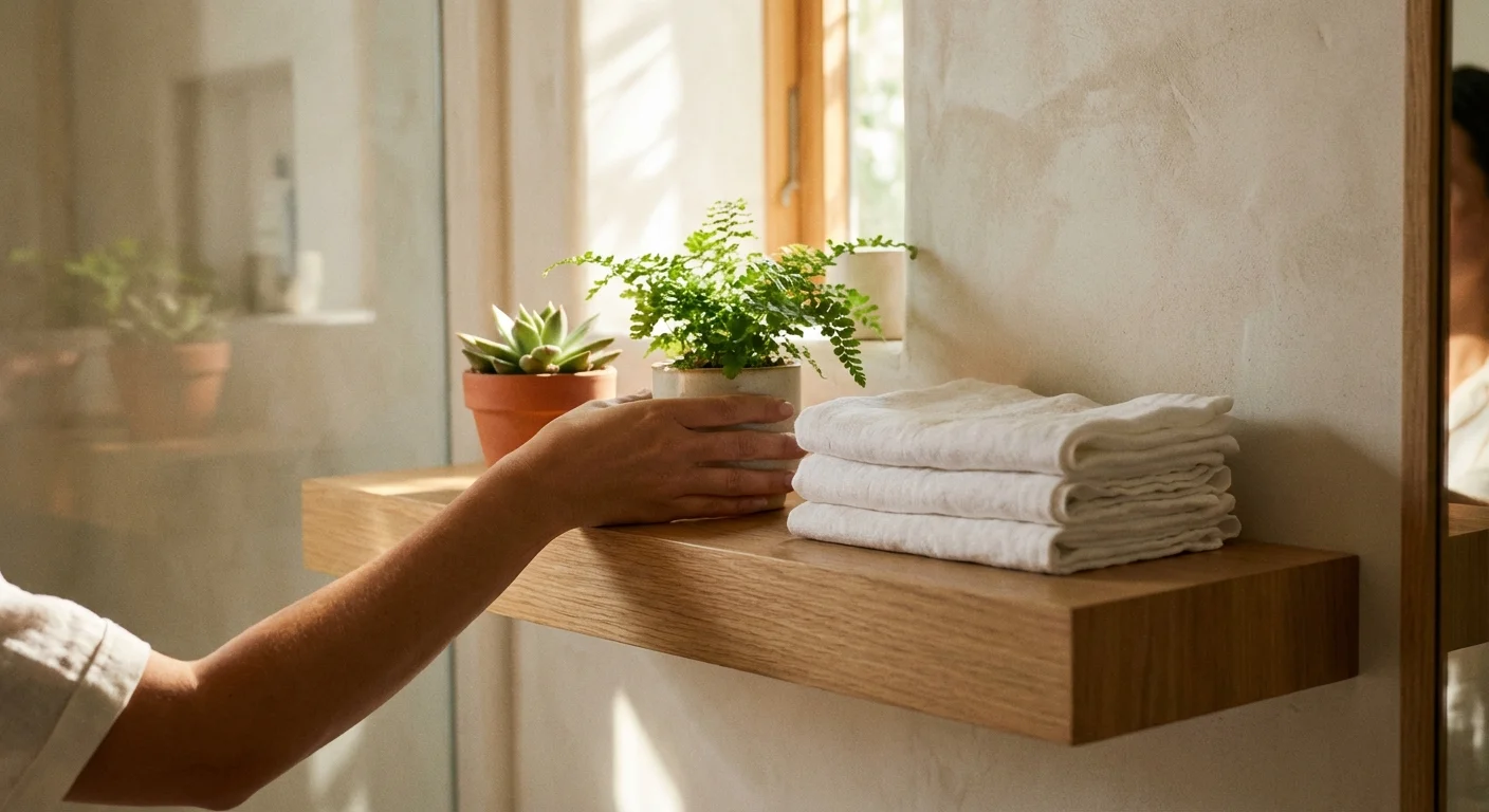 Person organizing a wooden floating shelf with plants and towels in a bright bathroom.