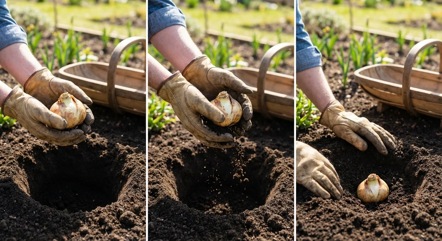 Placing a lily bulb into a hole in the garden soil.