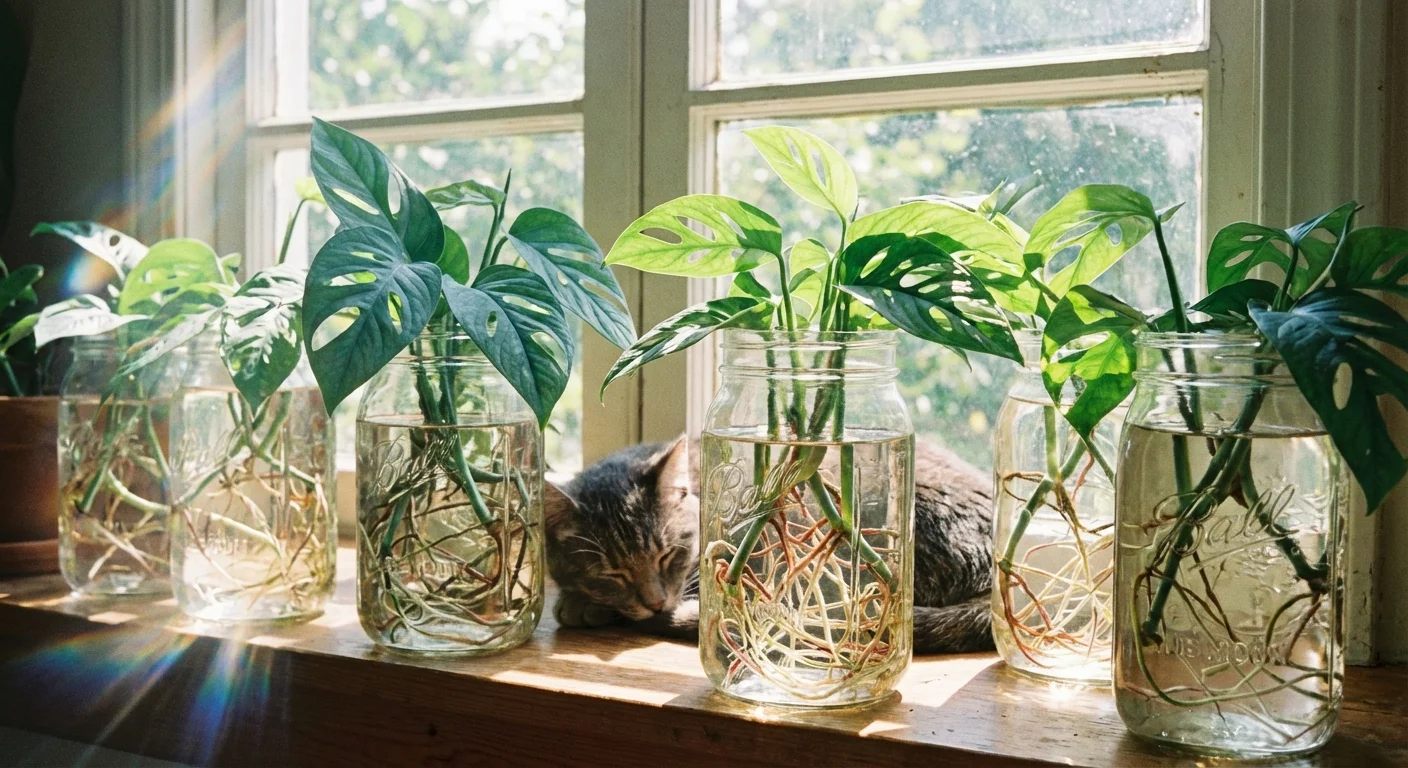Pothos cuttings propagating in glass jars of water on a sunny windowsill.