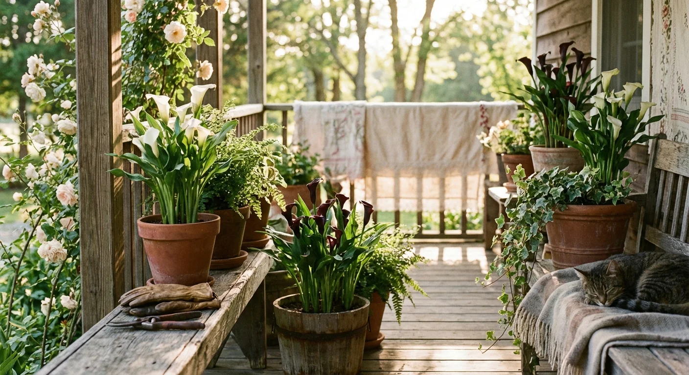 Potted calla lilies and gardening gloves on a sunlit rustic porch.
