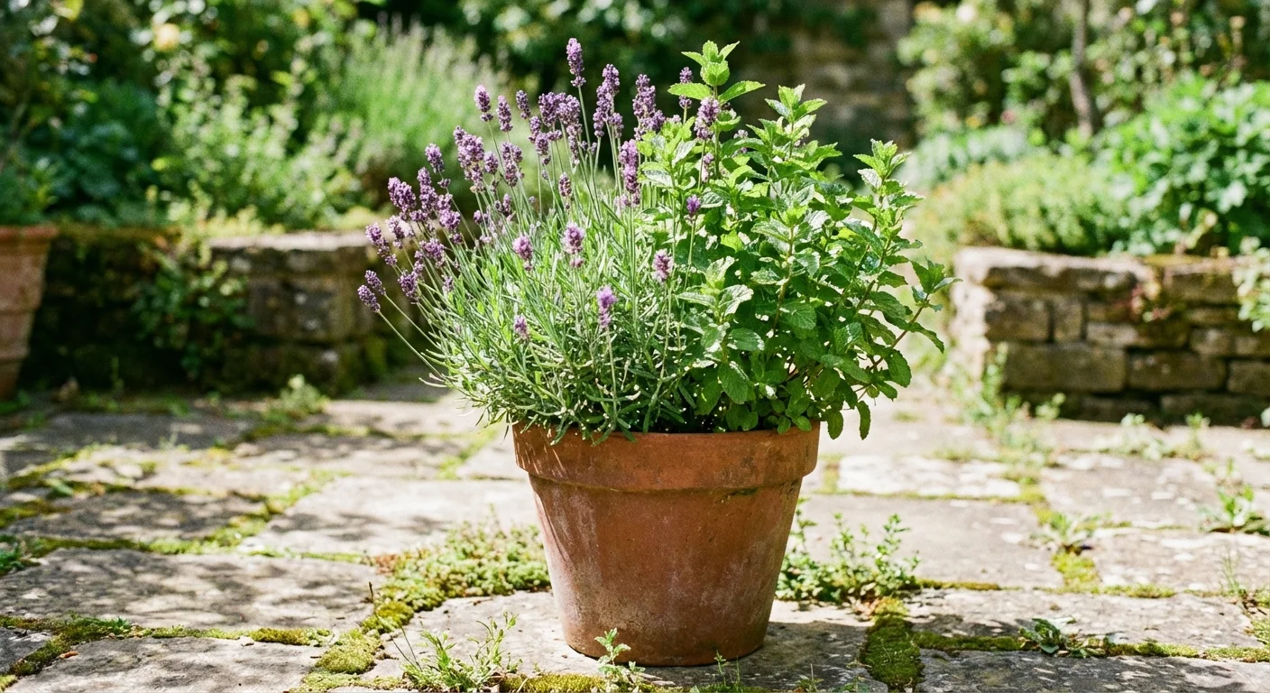 Potted herbs like lavender and mint used as natural insect repellents.