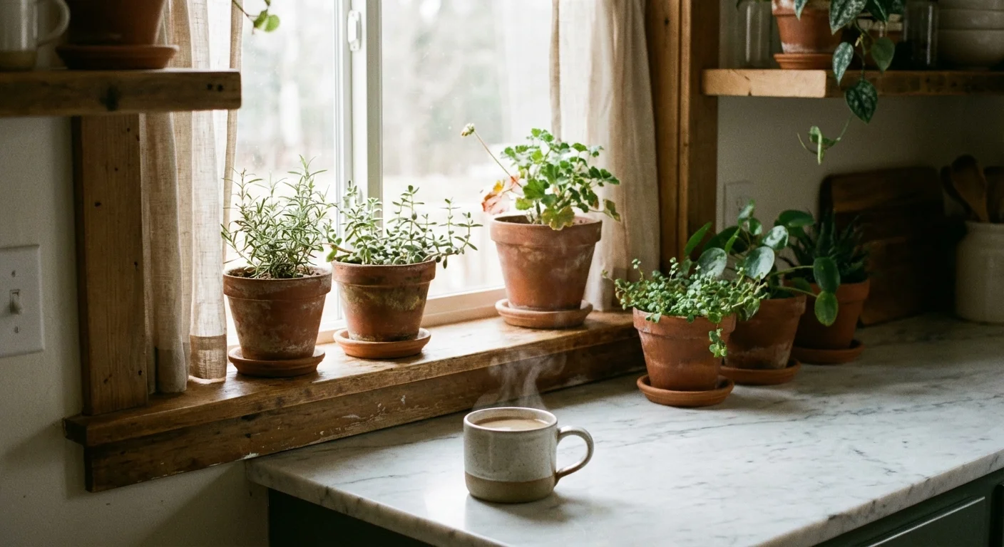 Potted herbs on a sunny kitchen windowsill next to a coffee cup.