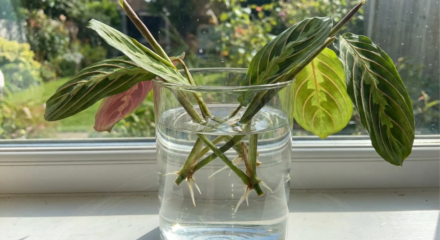 Prayer plant cuttings propagating in a glass of water.