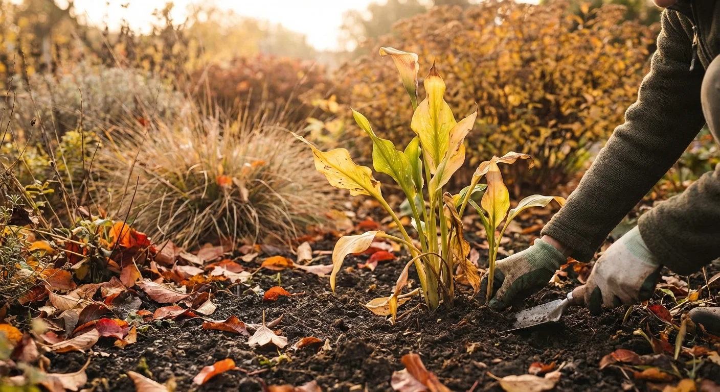 Preparing Calla Lilies for the fall season in a golden-lit garden.
