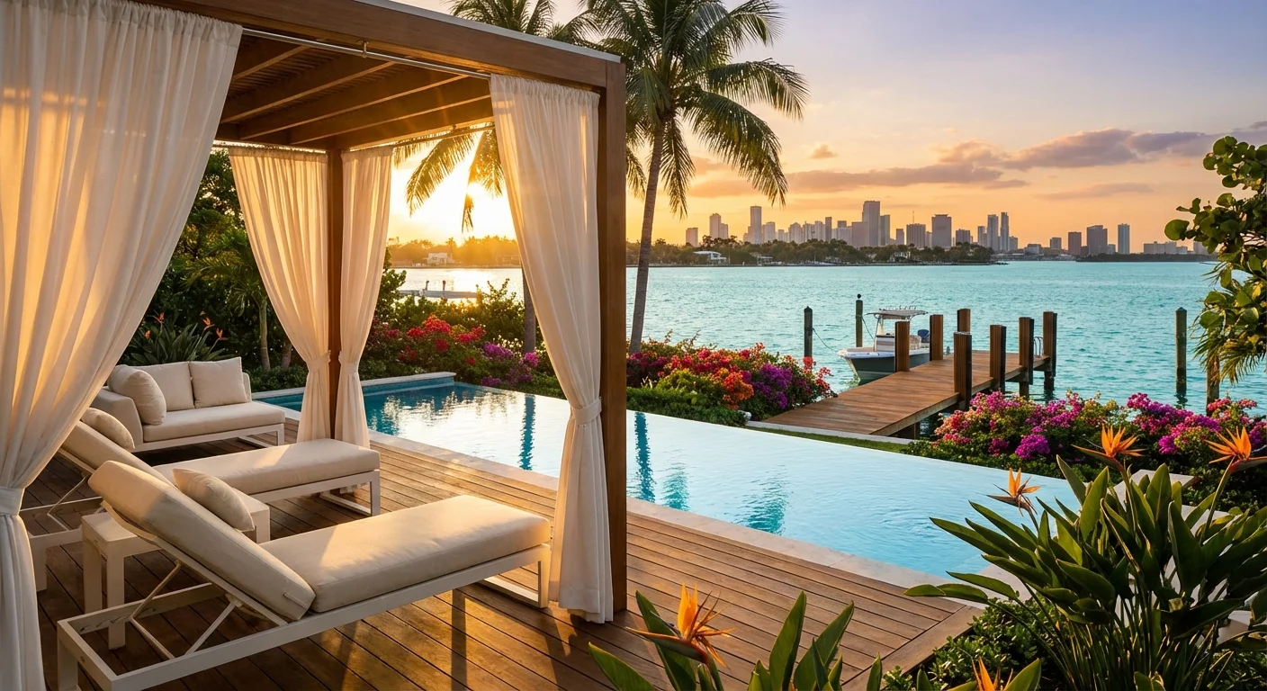 Private boat dock and luxury pool area overlooking the blue waters of Biscayne Bay.