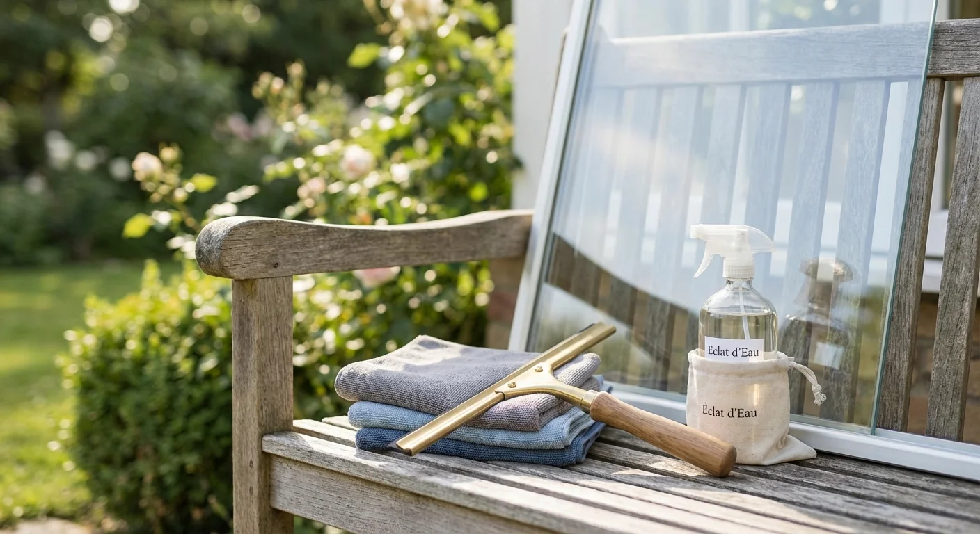 Professional window cleaning tools and DIY solution on a sunlit bench.