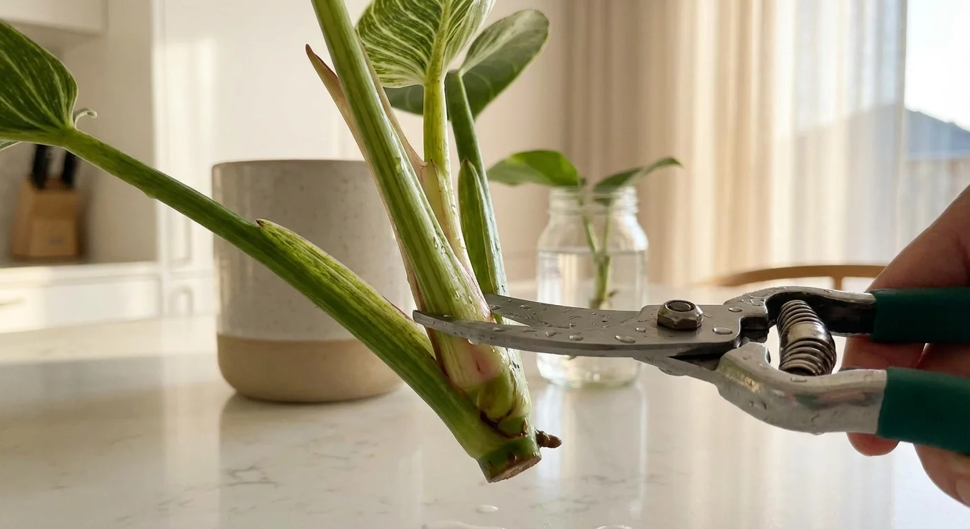 Pruning a Philodendron Birkin stem to encourage new variegated growth.
