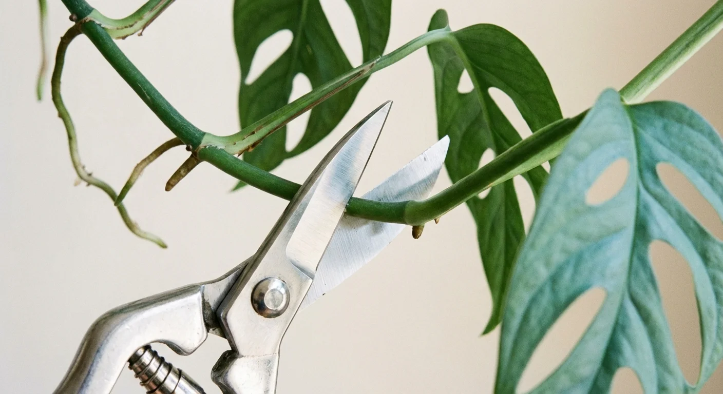 Pruning shears cutting a long vine of a Baltic Blue Pothos plant.