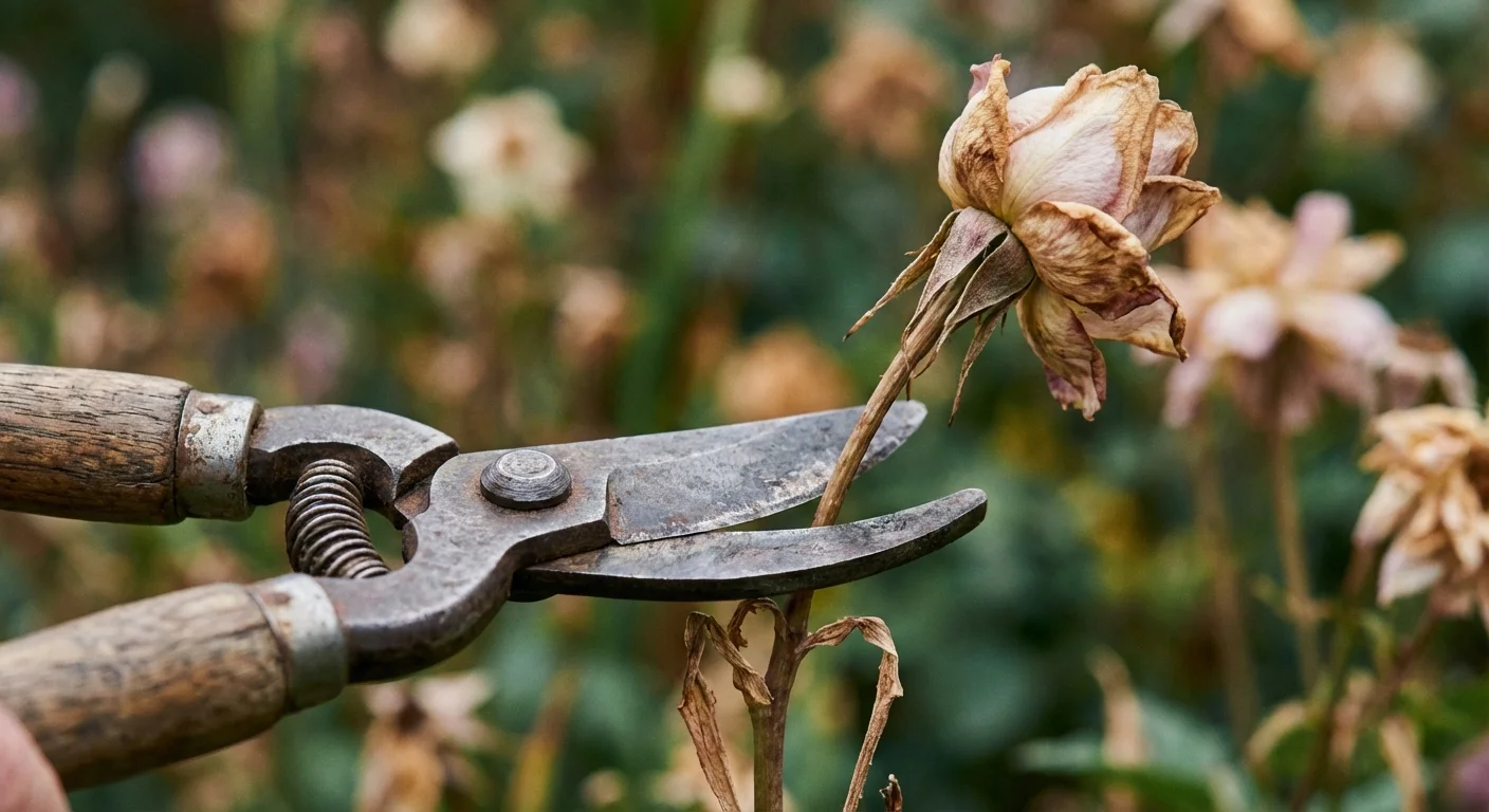 Pruning shears near an Arrowhead flower, illustrating the choice to prune or keep it.