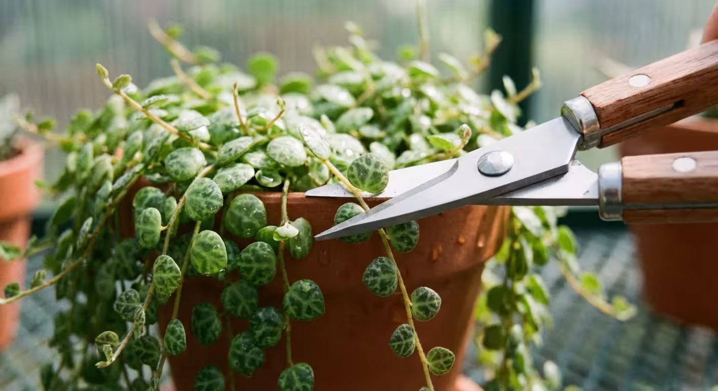 Pruning the ends of a String of Turtles plant with gardening shears to encourage growth.