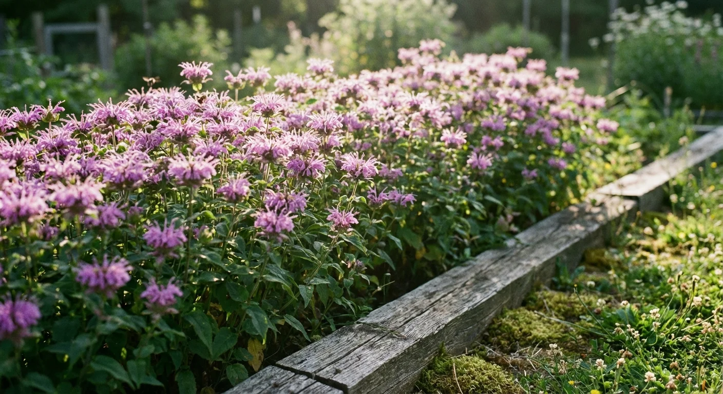 Purple Bee Balm flowers growing densely and spreading toward a wooden garden edge.