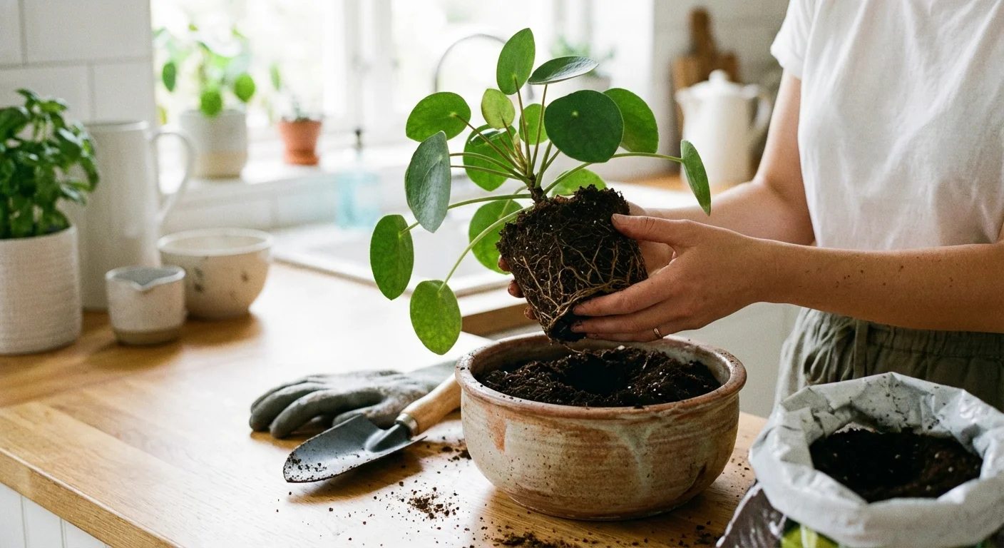 Repotting a Pilea plant with fresh soil and gardening tools.