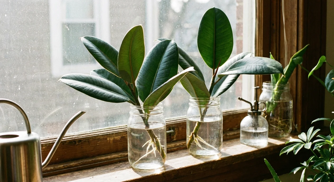 Rubber plant cuttings propagating in glass jars of water.