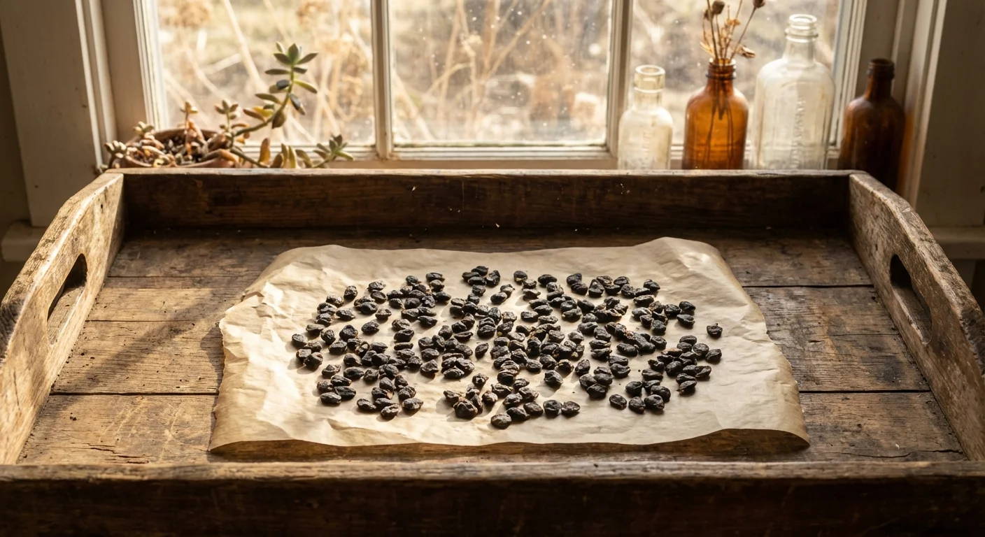 Seeds drying on parchment paper in a bright indoor setting.