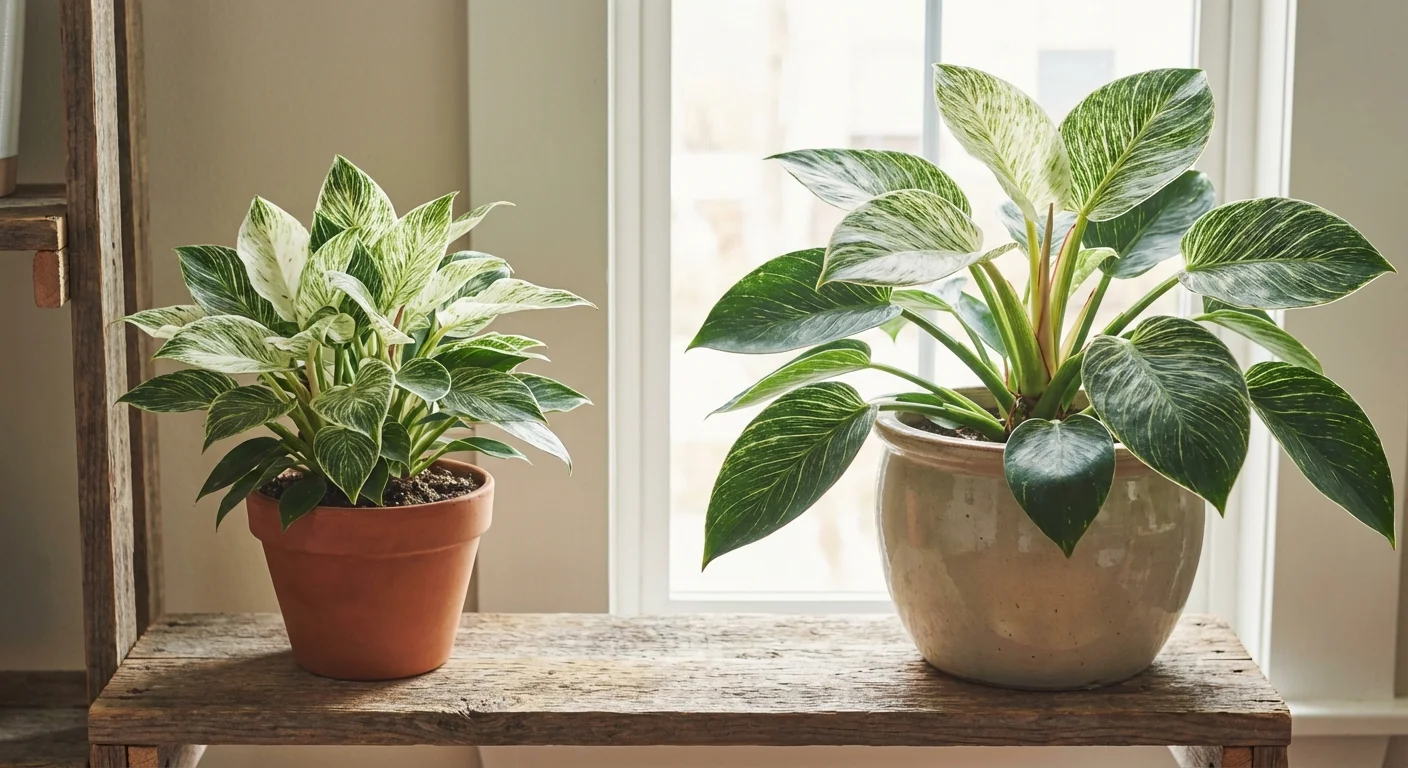 Side-by-side comparison of two Philodendron Birkin plants in different sized pots.