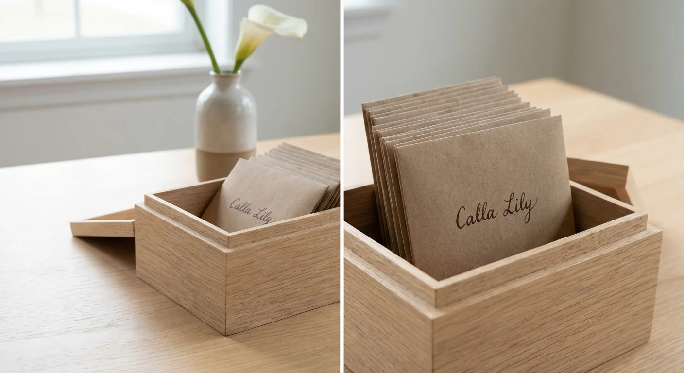 Small paper seed envelopes stored in a wooden box.
