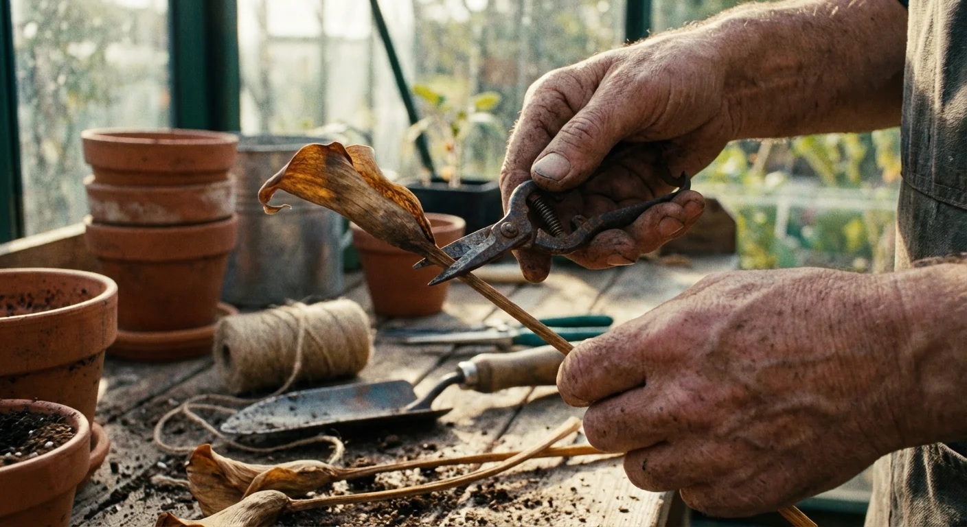 Snipping a dry seed pod from a Calla Lily plant with garden shears.