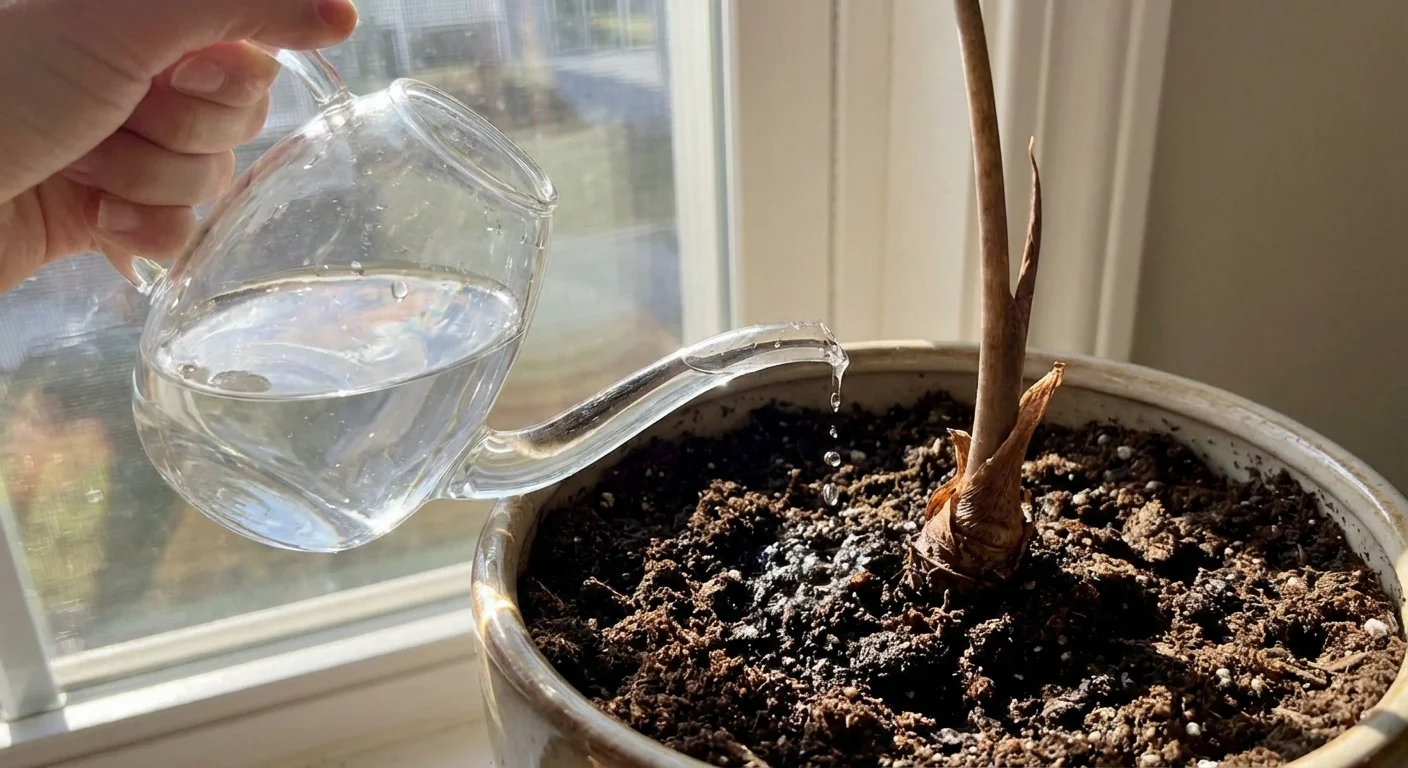 Someone carefully watering an Alocasia plant sparingly in winter.
