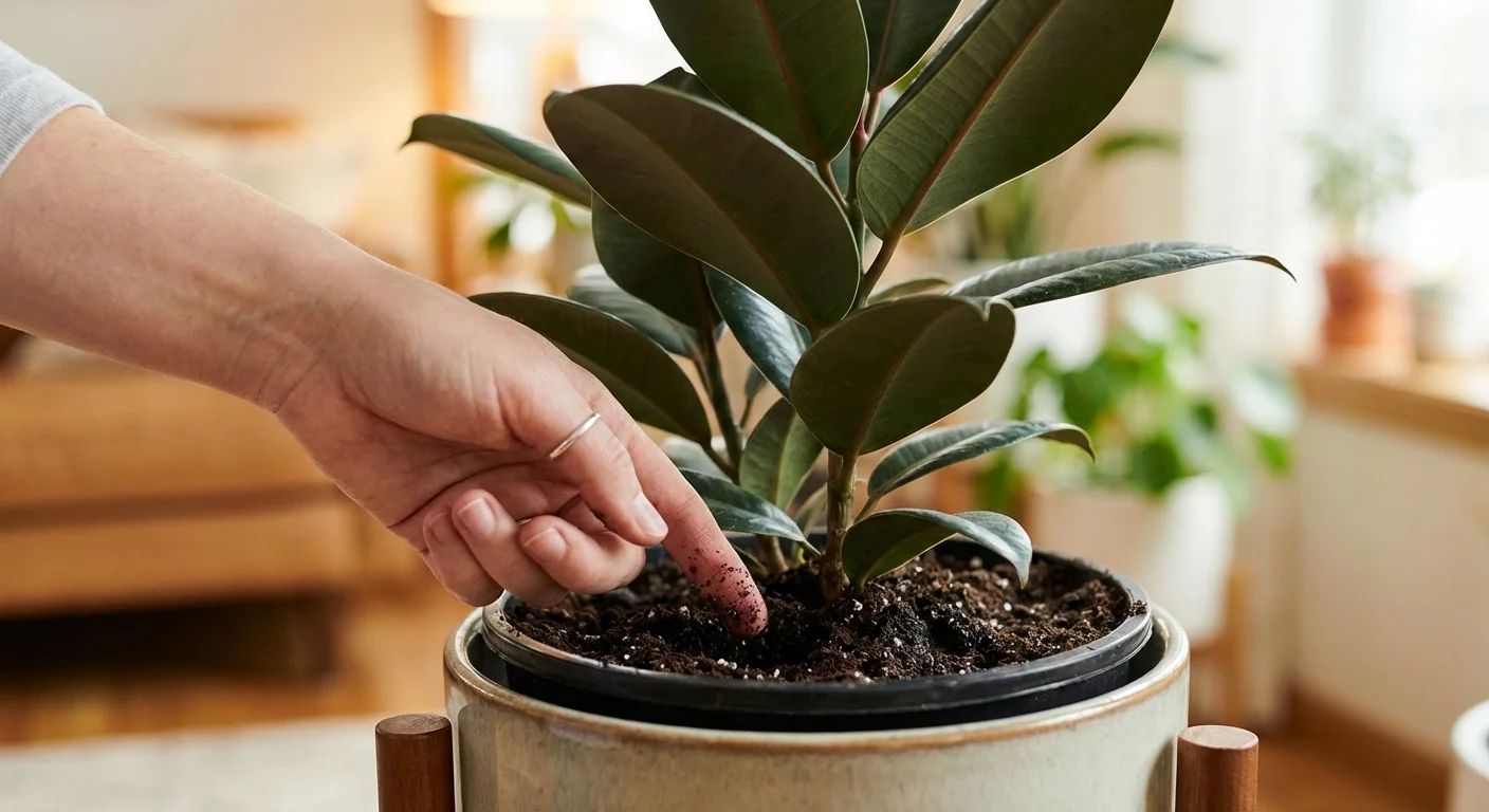 Someone testing the top two inches of soil in a plant pot.