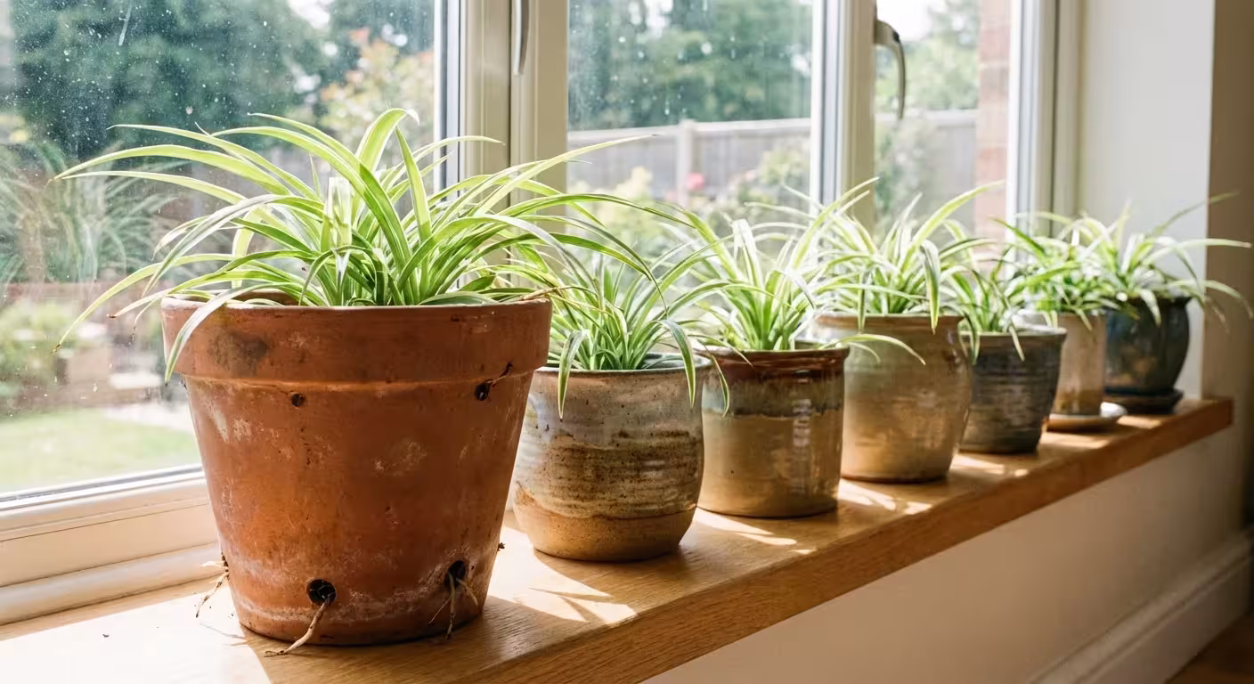Spider plants in various ceramic pots lined up on a sunny wooden windowsill.