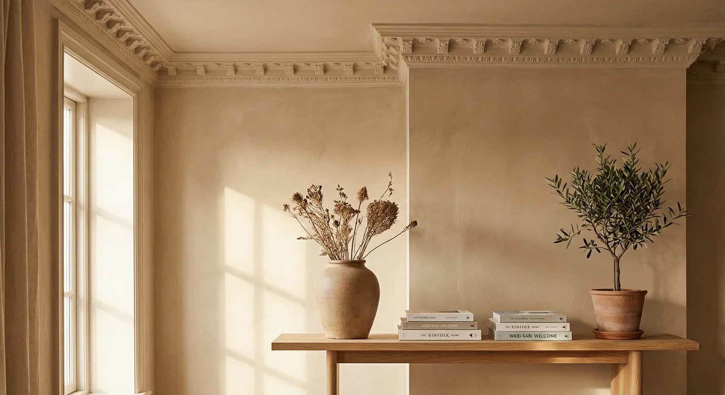 Stylishly decorated home corner with minimalist decor and crown molding.